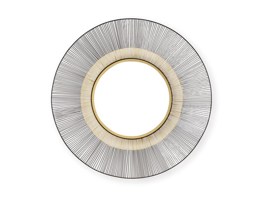 Round accent mirror front with black and silver linear rim and gold inner ring