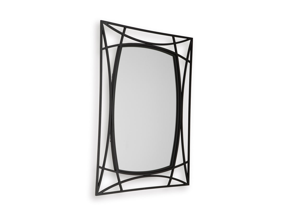 Black geometric accent mirror with oval center glass and rectangular lattice frame