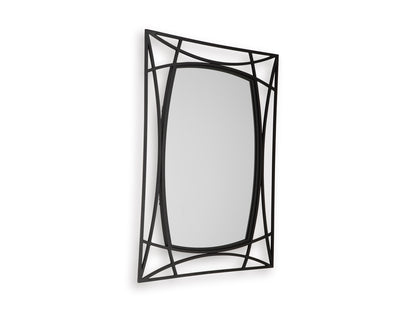 Black geometric accent mirror with oval center glass and rectangular lattice frame