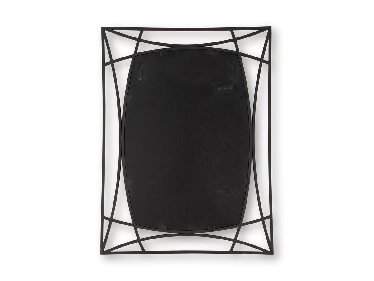 Black geometric accent mirror with dark backing panel inside lattice metal frame
