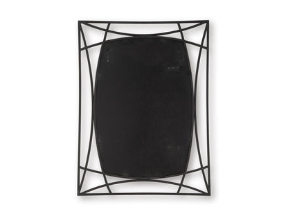 Black geometric accent mirror with dark backing panel inside lattice metal frame
