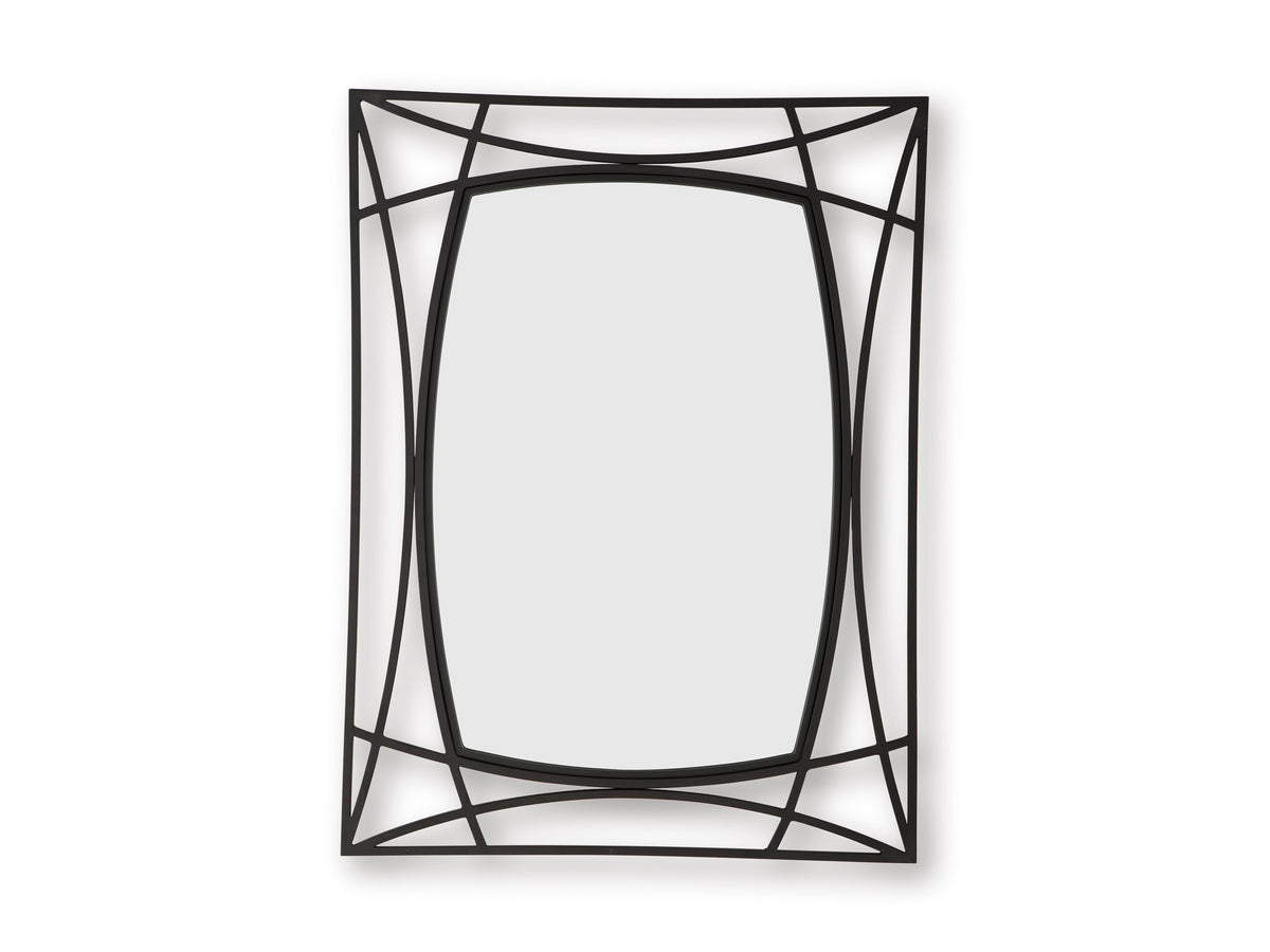 Black geometric accent mirror with oval inner glass and diamond lattice border