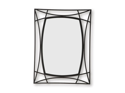 Black geometric accent mirror with oval inner glass and diamond lattice border