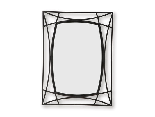 Black geometric accent mirror with oval inner glass and diamond lattice border