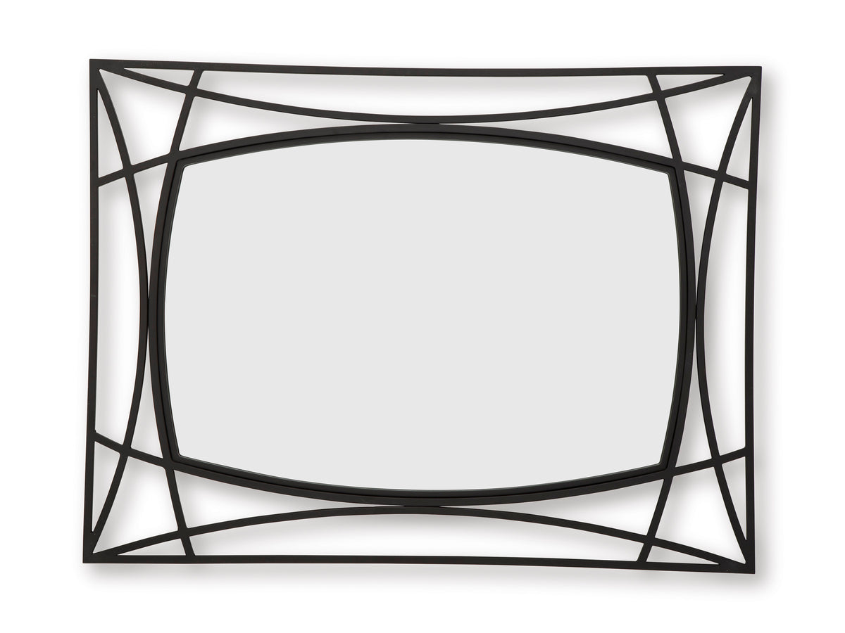 Black geometric accent mirror with arched oval center glass and rectangular lattice frame