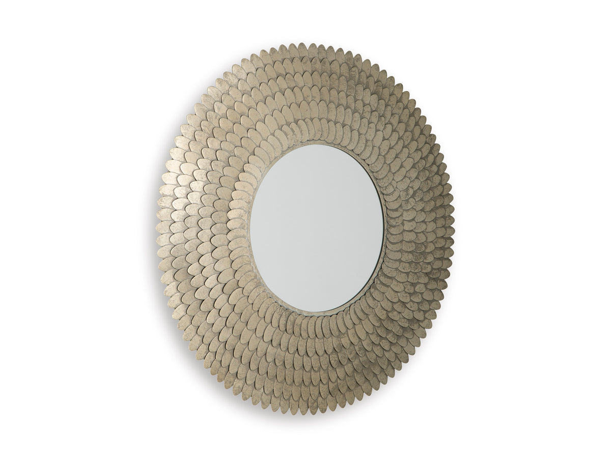 Round accent mirror with textured shell-pattern frame in light beige