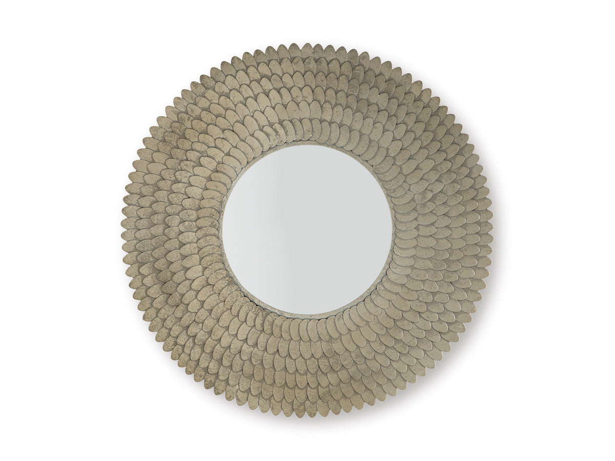 Round accent mirror with scalloped shell frame and light beige finish