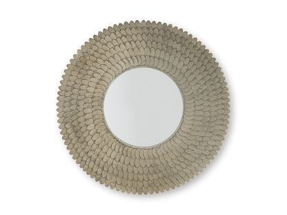 Round accent mirror with scalloped shell frame and light beige finish