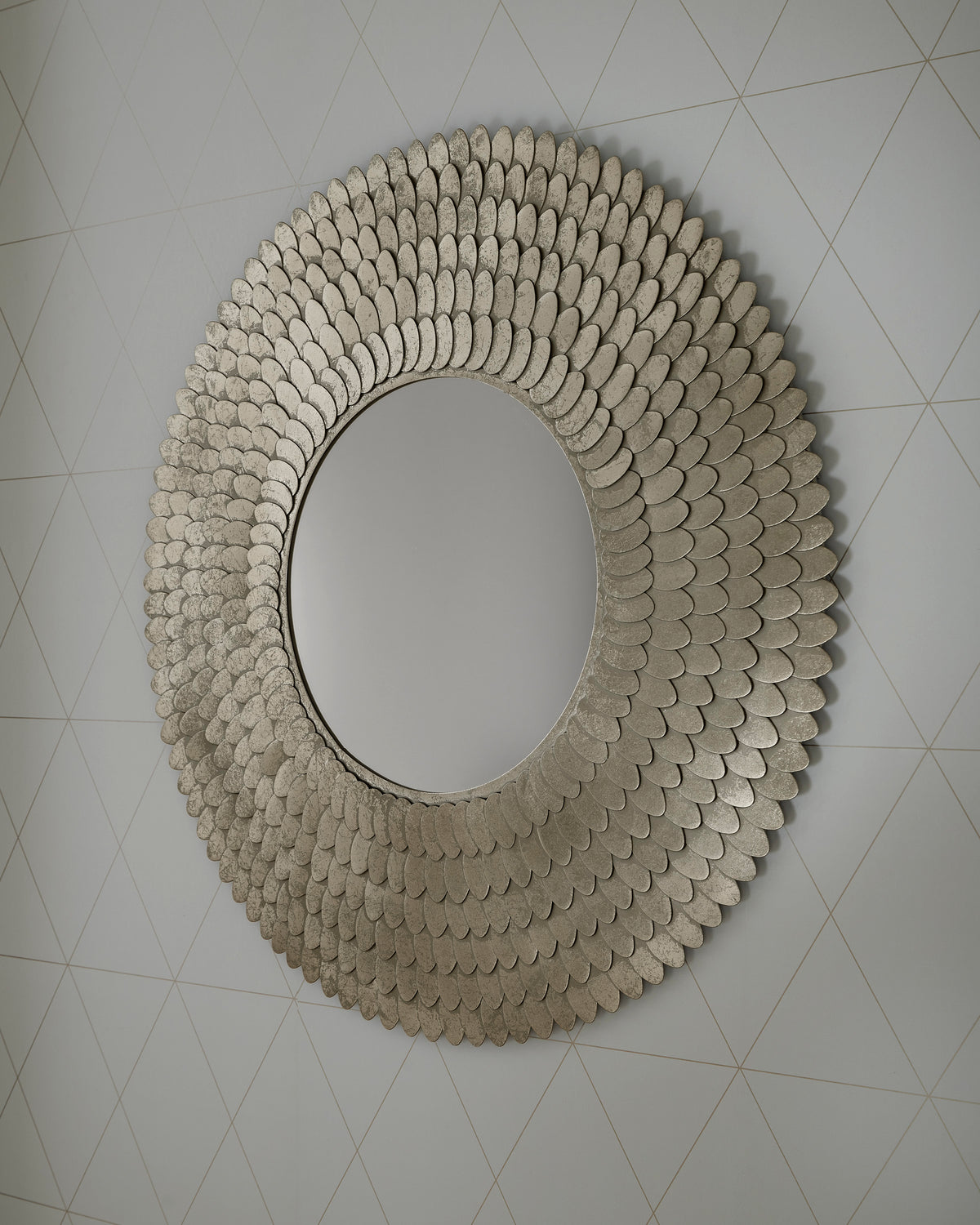 Scallop-edge round accent mirror with carved shell-style frame, beige