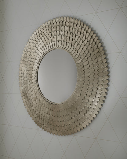 Scallop-edge round accent mirror with carved shell-style frame, beige