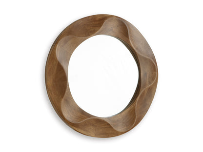 Oval accent mirror with smooth walnut wood frame, shown from the front