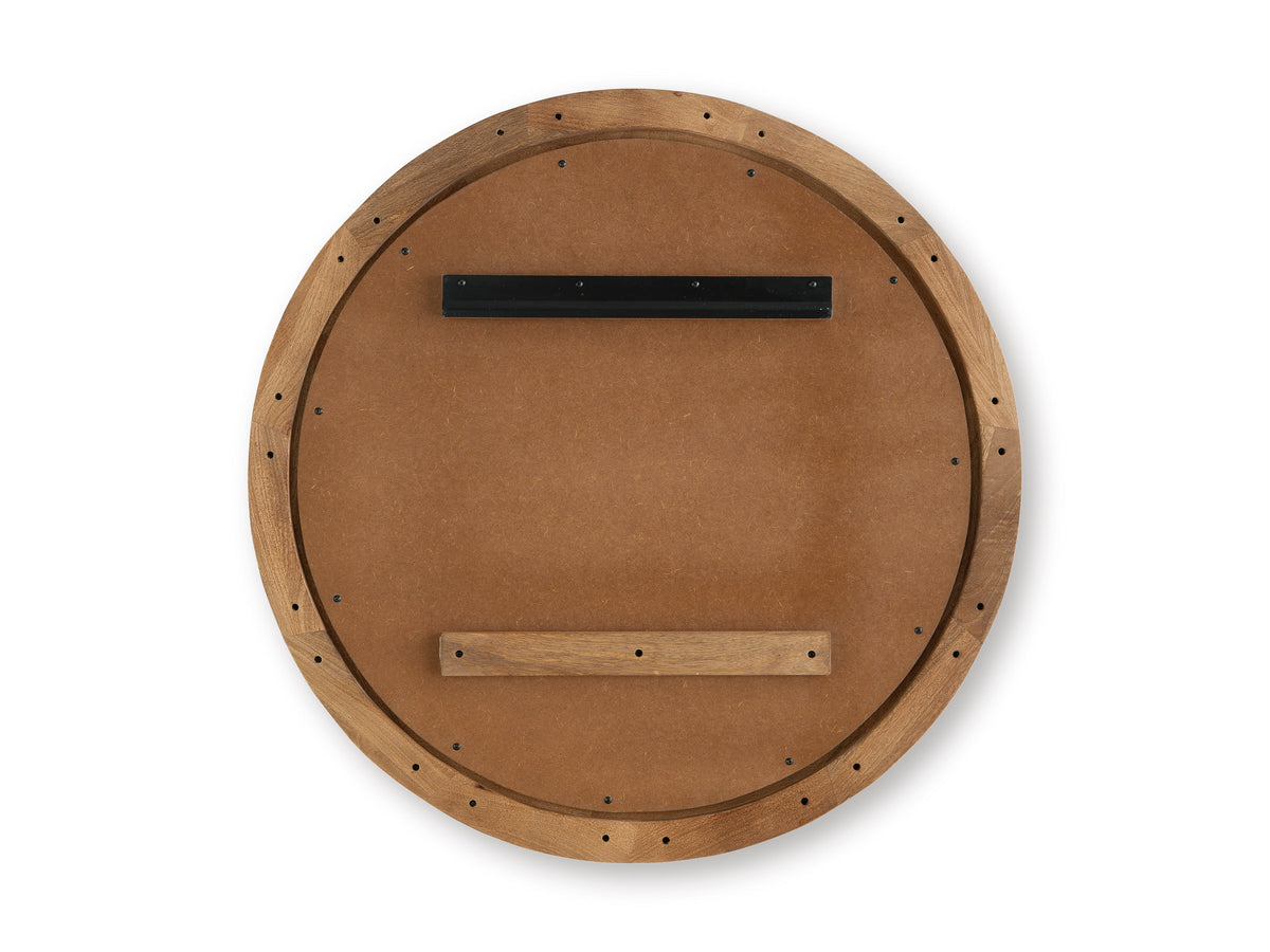 Round-backed accent mirror with walnut wood frame and hanging hardware panel