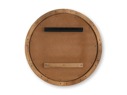 Round-backed accent mirror with walnut wood frame and hanging hardware panel
