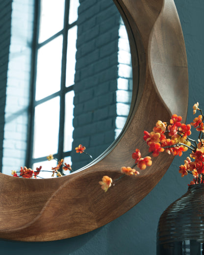 Oval wall mirror in walnut wood with beveled edge and reflective glass surface
