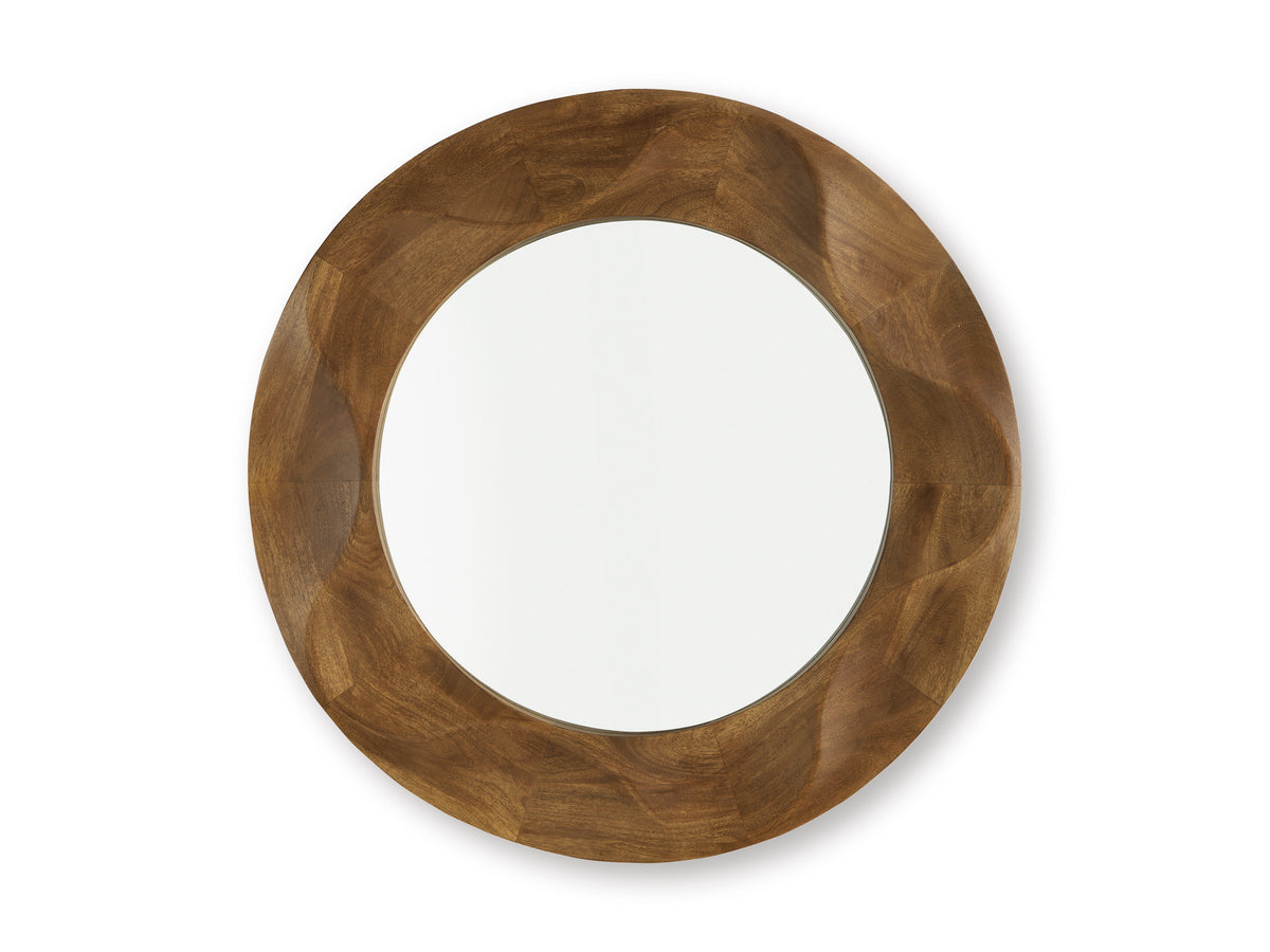 Oval accent mirror with oval walnut wood frame, front view
