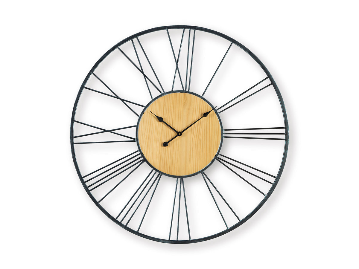 Round wall clock with black ring, white radial spokes, wood face, and black hands