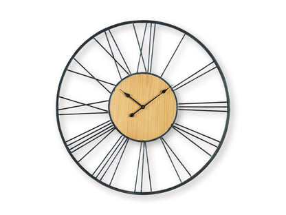 Round wall clock with black ring, white radial spokes, wood face, and black hands