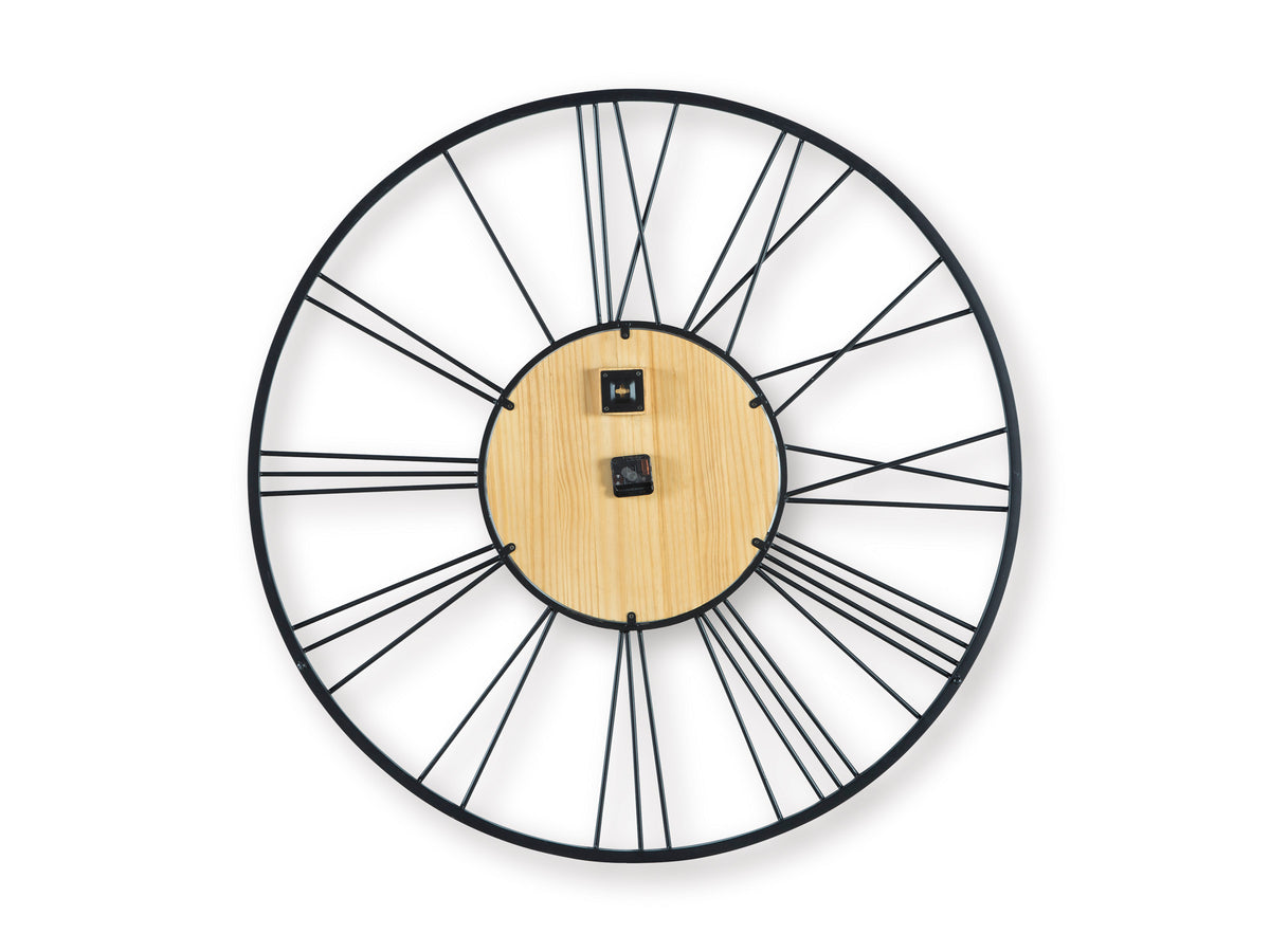 Round wall clock with wood dial, black metal ring, white radial bars, and black hands