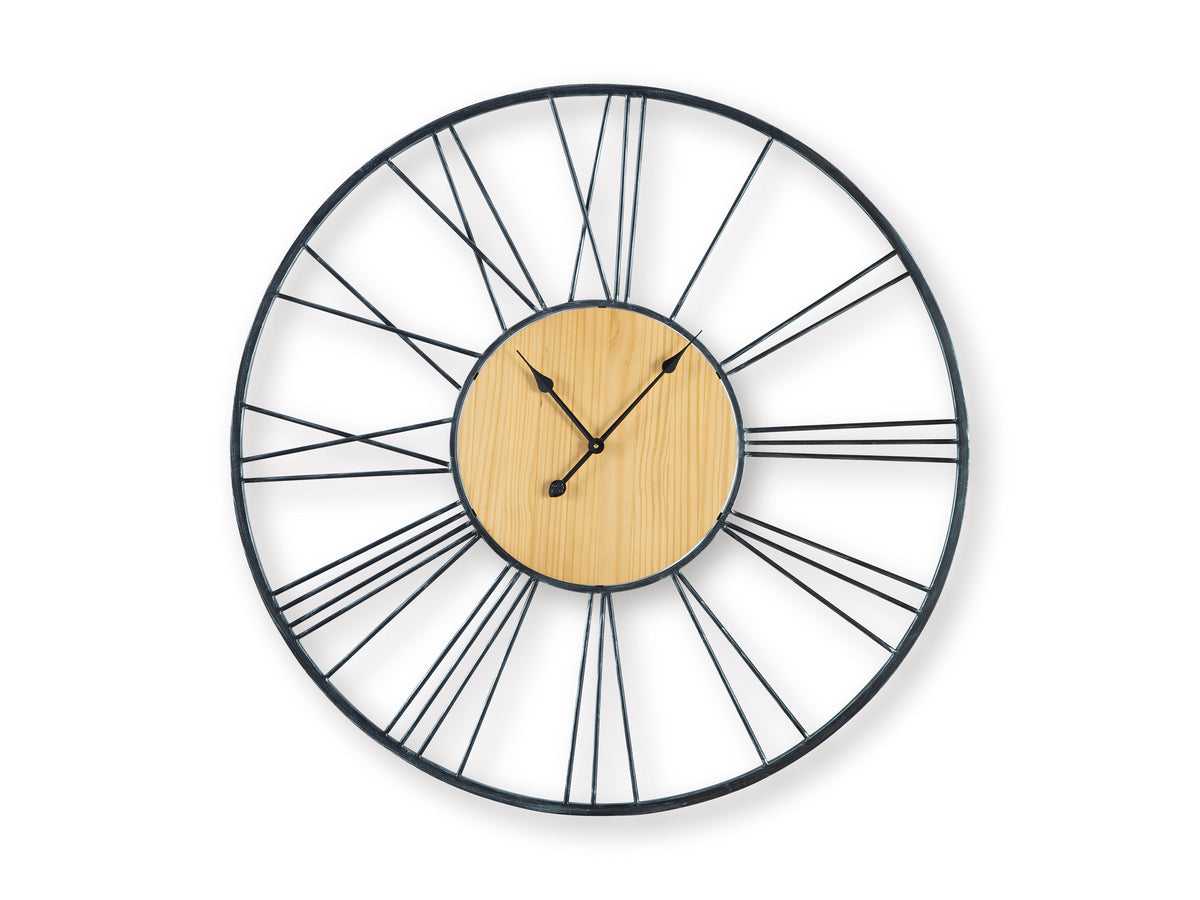Round wall clock with wood center, black metal ring, white radial bars, and black hands