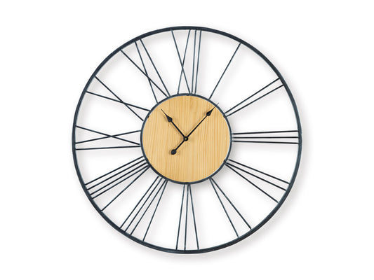 Round wall clock with wood center, black metal ring, white radial bars, and black hands