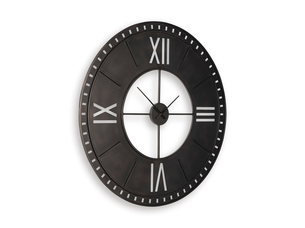 Ashley Lytle wall clock, dark round face with Roman numerals and white dial center