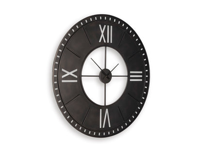 Ashley Lytle wall clock, dark round face with Roman numerals and white dial center