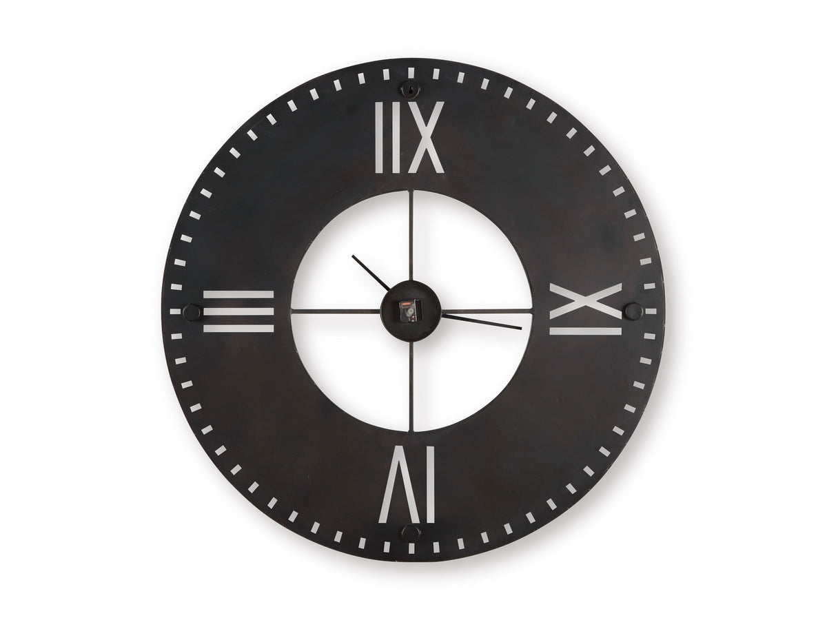 Ashley Lytle wall clock close-up, dark rim with Roman numerals, white center and hands