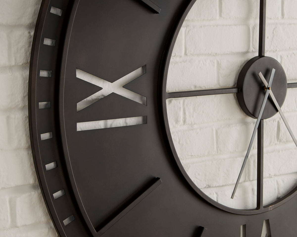 Ashley Lytle wall clock side view, dark outer rim with Roman numerals and clock hands