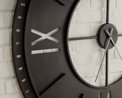 Ashley Lytle wall clock side view, dark outer rim with Roman numerals and clock hands