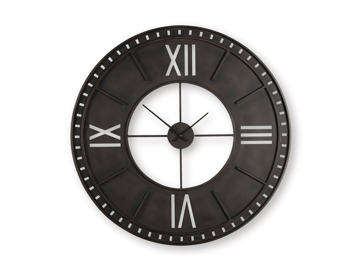 Ashley Lytle wall clock front view, dark frame, Roman numerals, white center and black hands