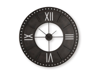 Ashley Lytle wall clock front view, dark frame, Roman numerals, white center and black hands