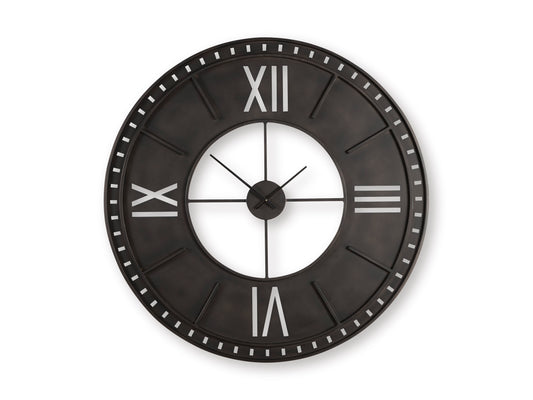 Ashley Lytle wall clock front view, dark frame, Roman numerals, white center and black hands