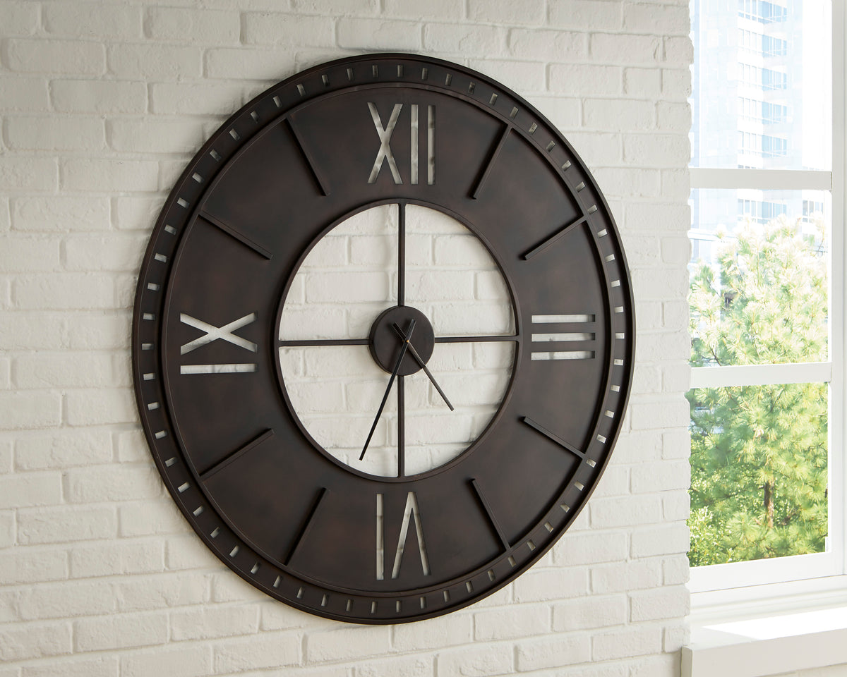 Ashley Lytle wall clock with dark frame, Roman numerals, white center and black hands