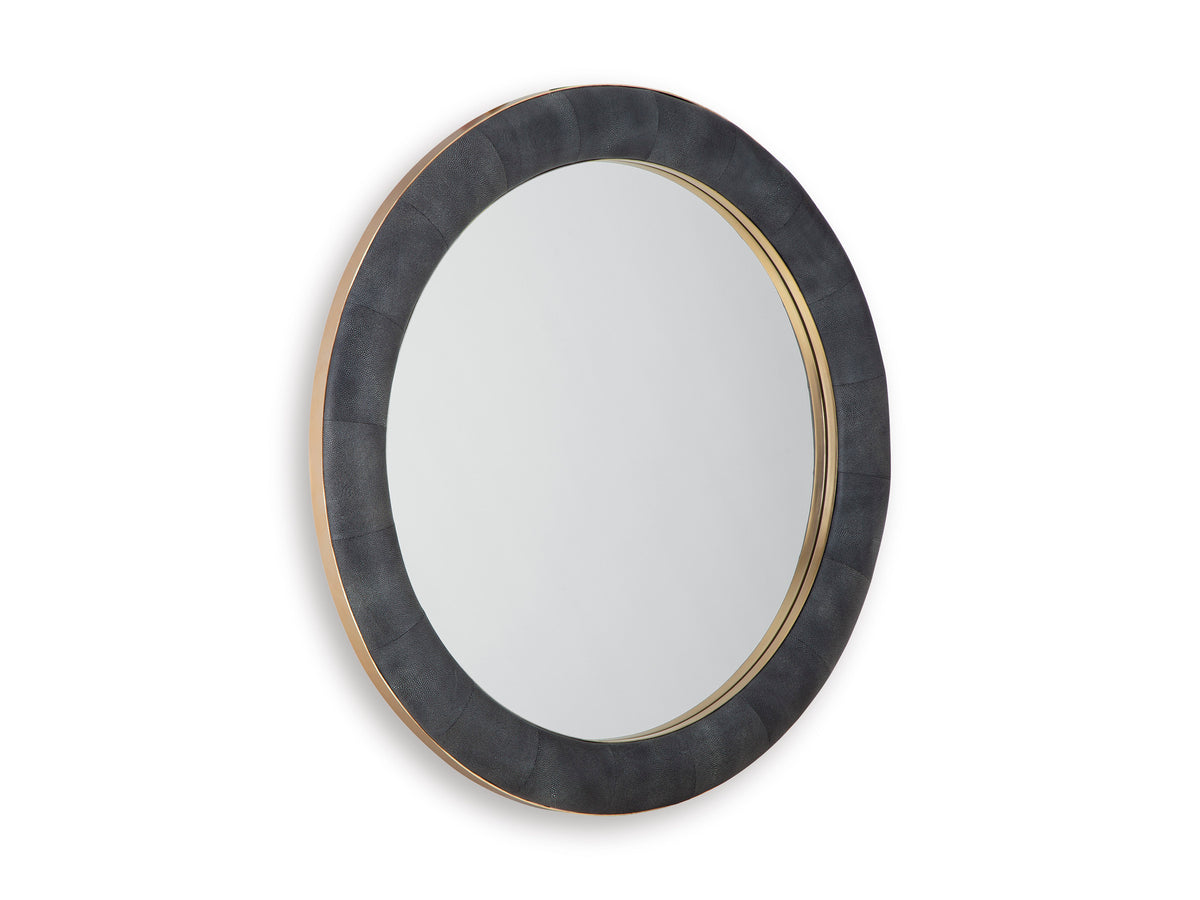 Oval wall mirror with dark frame and gold-toned inner rim