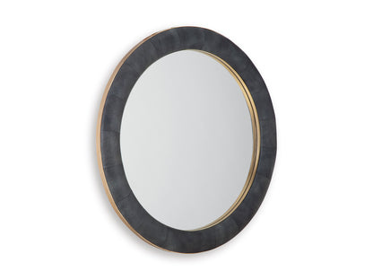 Oval wall mirror with dark frame and gold-toned inner rim