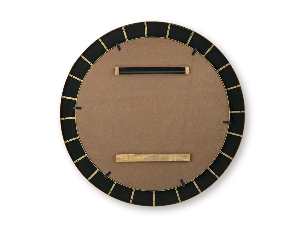 Round mirror backing with cork panel and black grid rim, visible mounting bars