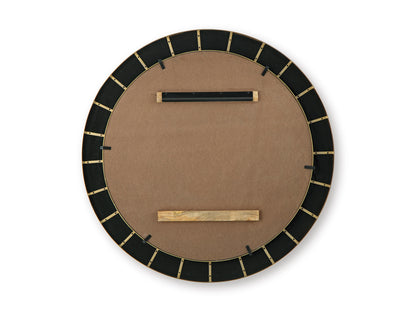 Round mirror backing with cork panel and black grid rim, visible mounting bars
