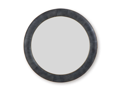 Round mirror with dark faux-leather frame and warm inner rim