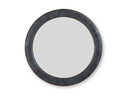 Round mirror with dark faux-leather frame and warm inner rim
