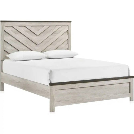 Queen bed with light gray wood frame, chevron headboard, white fitted mattress and pillows