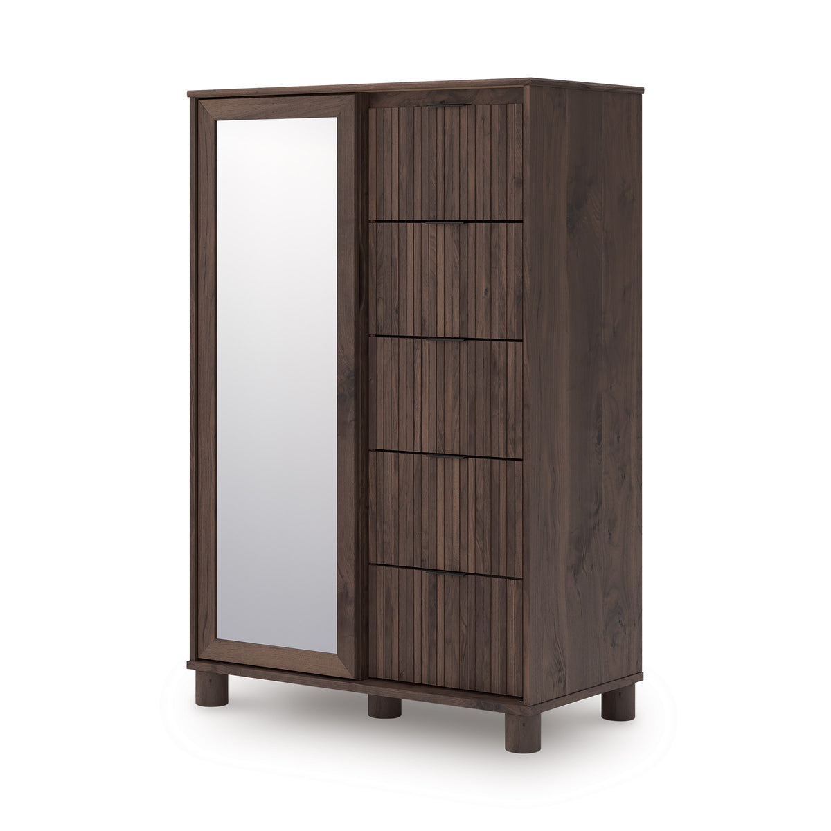 Dressing chest with tall rectangular mirror and dark-brown vertical wood-slat fronts