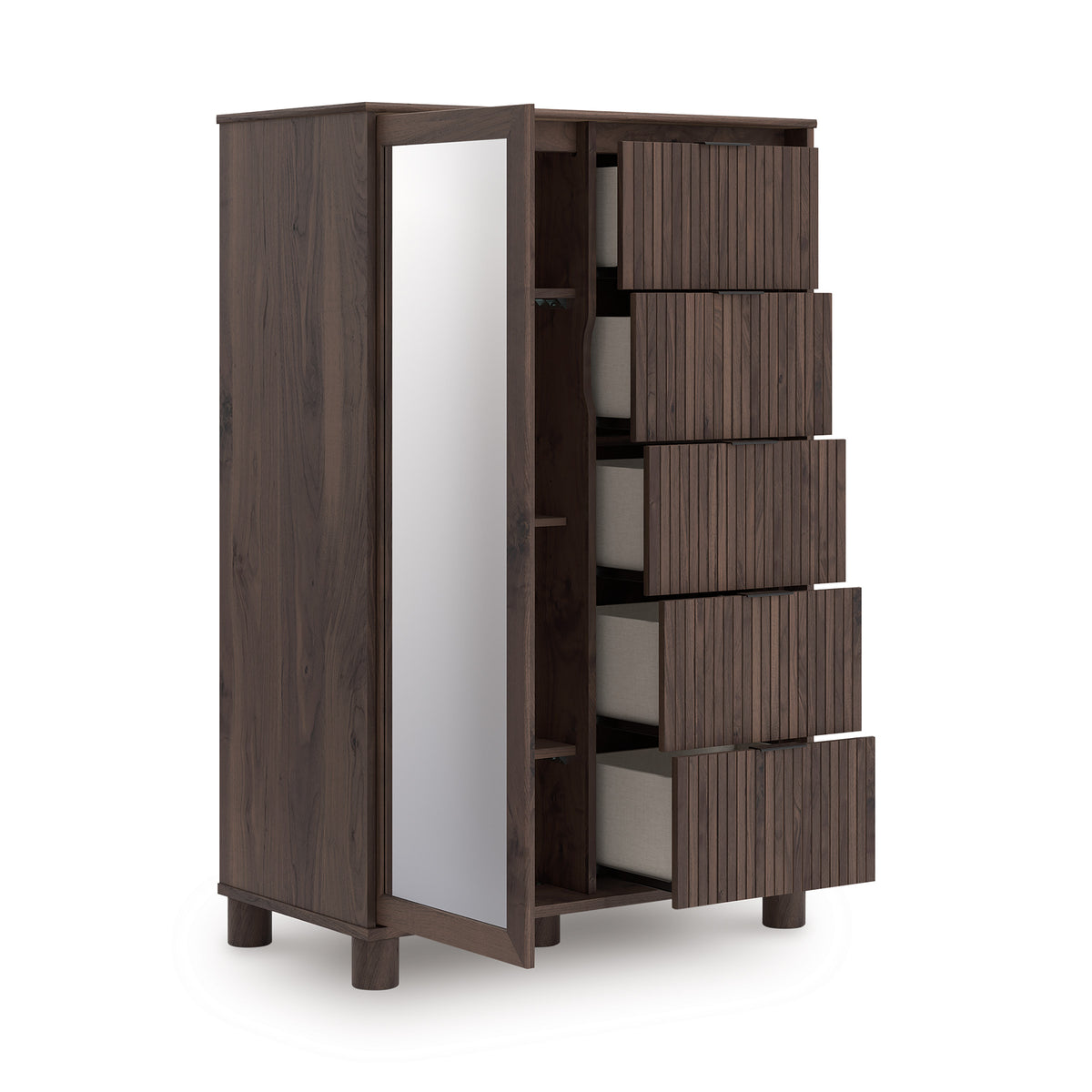 Dressing chest with open side showing shelves and dark-brown wood drawer fronts