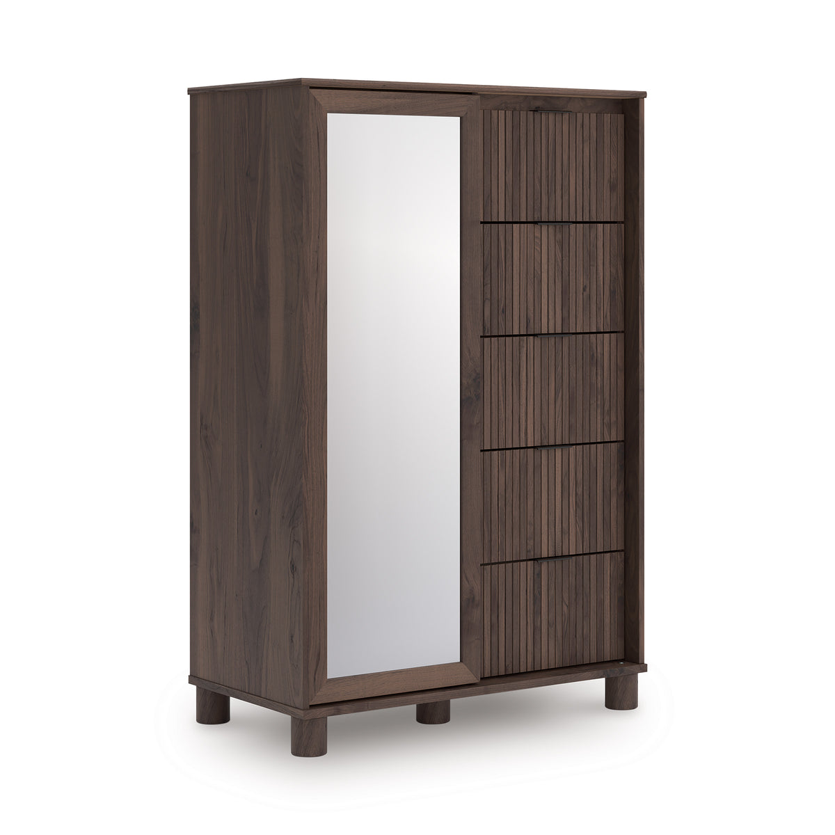 Dressing chest with tall mirror and three dark-brown drawer fronts in wood frame