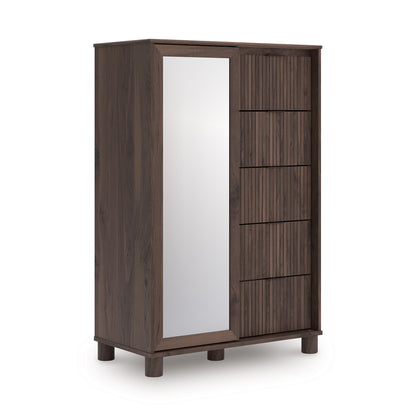 Dressing chest with tall mirror and three dark-brown drawer fronts in wood frame