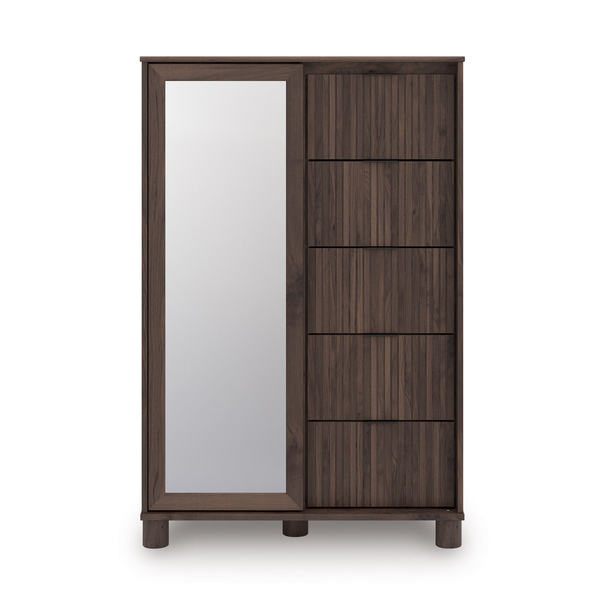Dressing chest front with tall mirror panel and three dark-brown drawer compartments