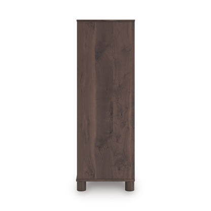 Dark-brown dressing chest end panel with vertical wood grain and four legs