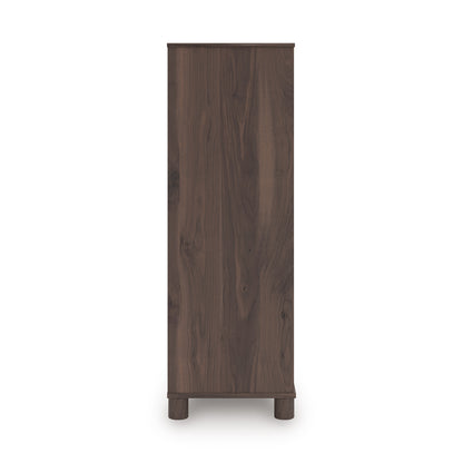 Dark-brown dressing chest end panel with vertical wood grain and four legs