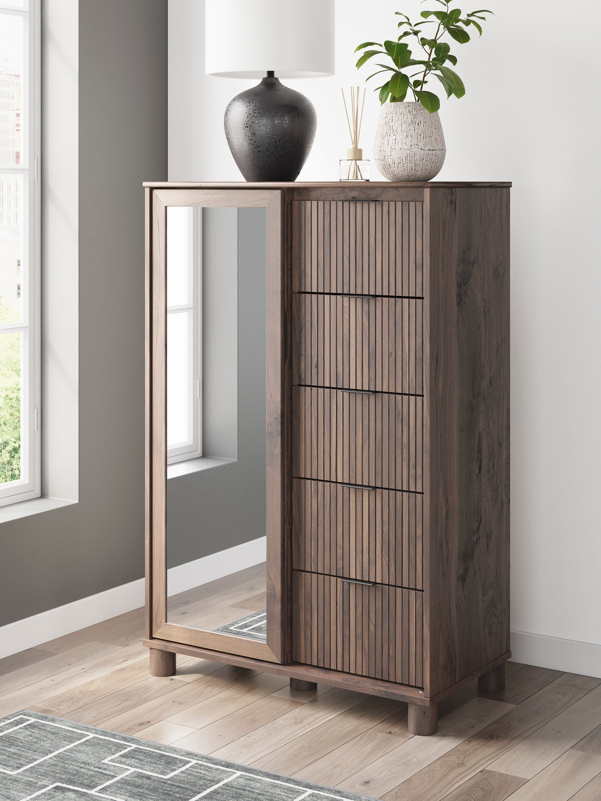 Dressing chest cabinet with tall mirror panel and dark-brown storage drawers