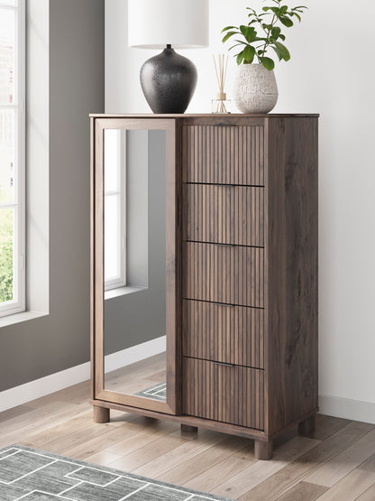 Dressing chest cabinet with tall mirror panel and dark-brown storage drawers