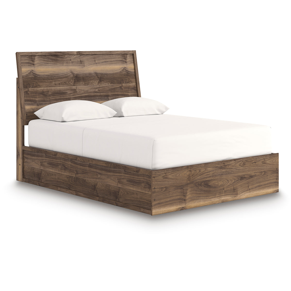Walnut-toned panel bed with tall headboard, white upholstered mattress, and two pillows